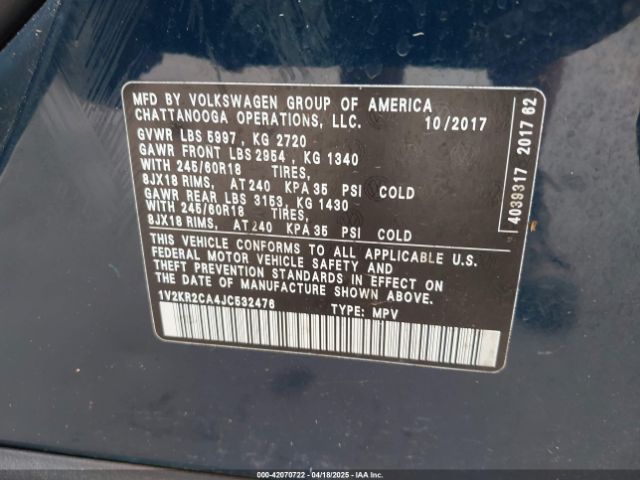 2018 VOLKSWAGEN ATLAS 1V2KR2CA4JC532476 Photo 8