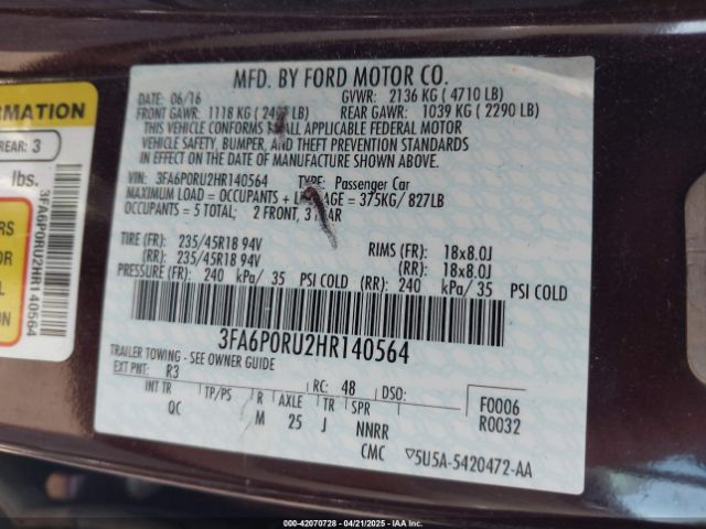 3FA6P0RU2HR140564 Ford Fusion Hybrid Platinum