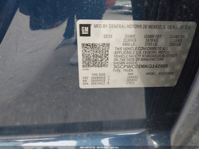 3GCPWCED6KG142569 Chevrolet Silverado 1500 Lt