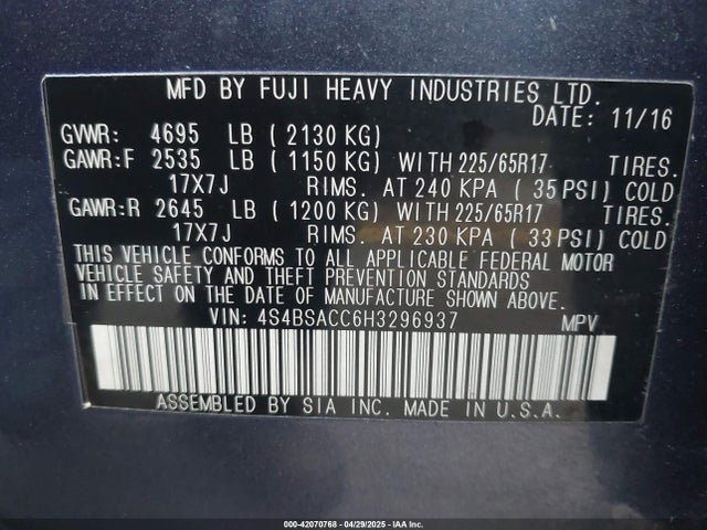 4S4BSACC6H3296937 Subaru Outback 2.5i Premium
