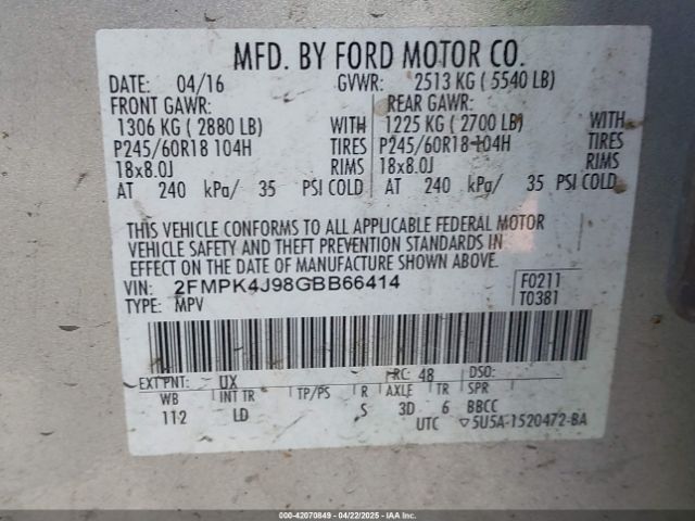 2FMPK4J98GBB66414 Ford EDGE SEL