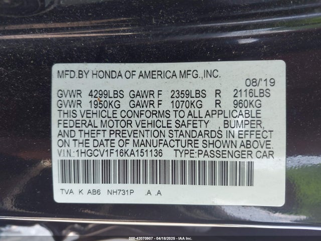 1HGCV1F16KA151136 Honda ACCORD LX