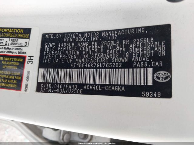 2008 TOYOTA CAMRY 4T1BE46K78U765202 Photo 8