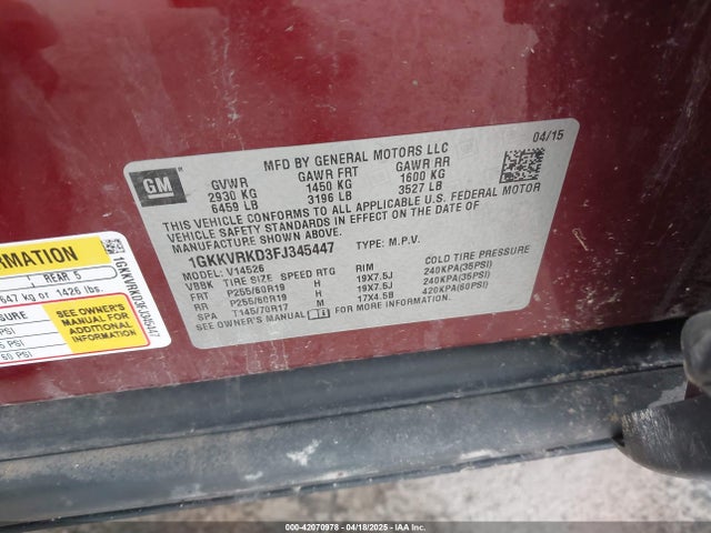 1GKKVRKD3FJ345447 GMC Acadia Slt-1