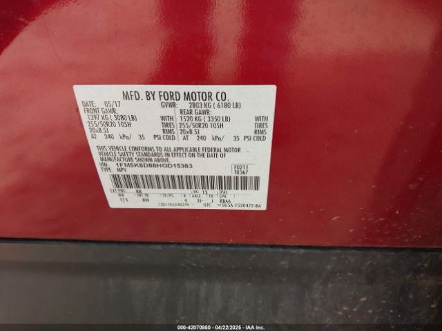 1FM5K8D88HGD15383 Ford EXPLORER XLT