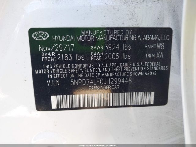 5NPD74LF0JH299448 Hyundai ELANTRA SE