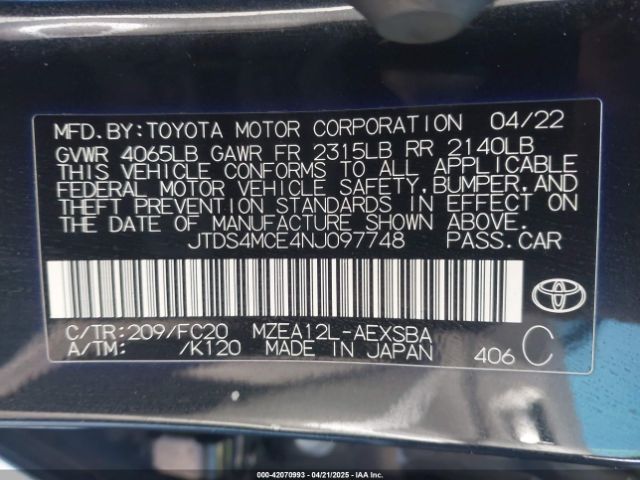 JTDS4MCE4NJ097748 Toyota COROLLA SE