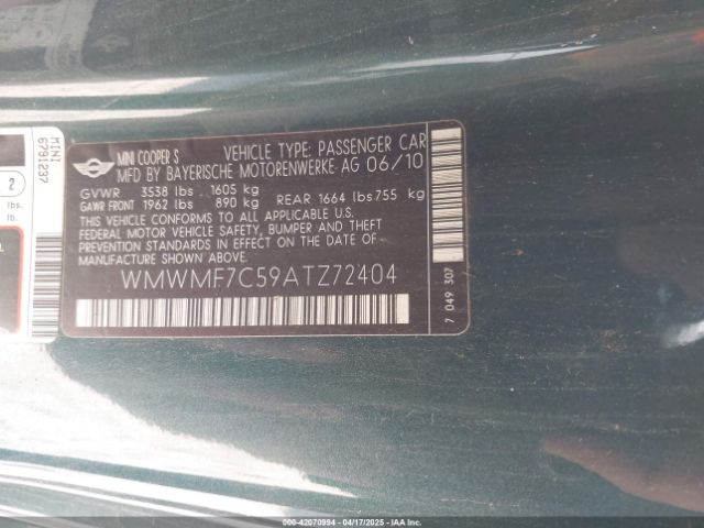 2010 MINI COOPER S WMWMF7C59ATZ72404 Photo 8