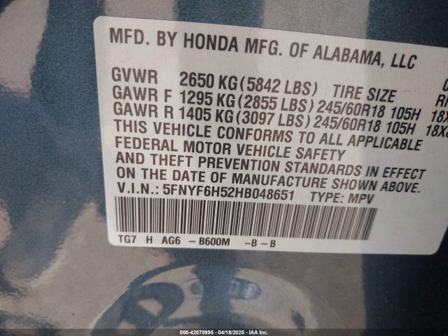 5FNYF6H52HB048651 Honda Pilot Ex-l