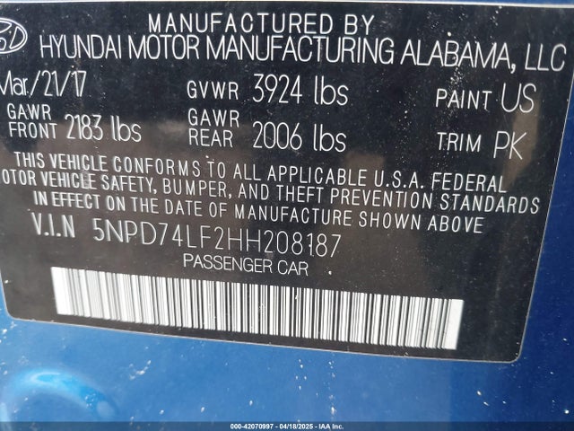 5NPD74LF2HH208187 Hyundai ELANTRA SE