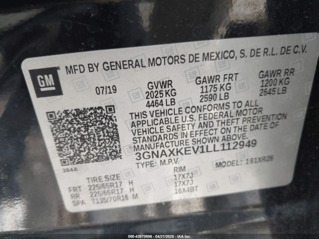 3GNAXKEV1LL112949 Chevrolet Equinox Fwd Lt 1.5l Turbo