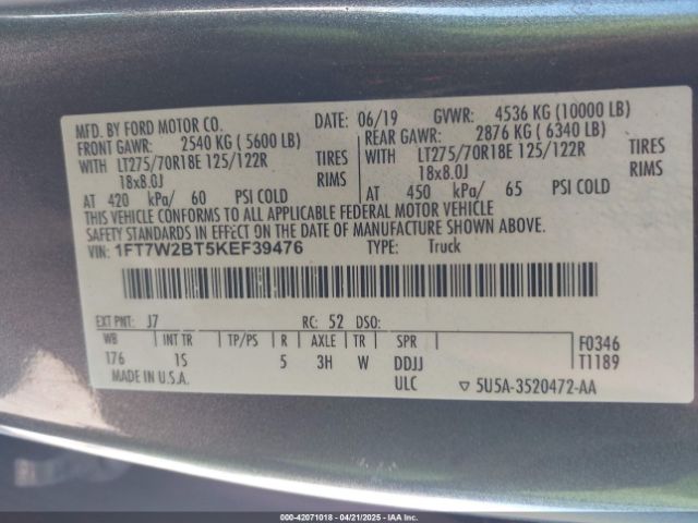 1FT7W2BT5KEF39476 Ford F-250 Xl