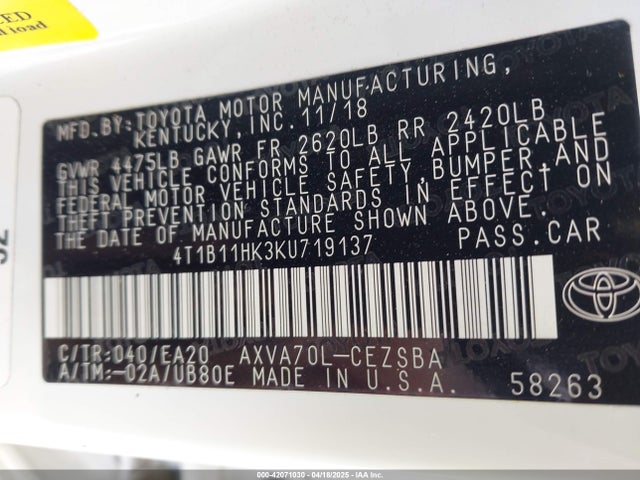 4T1B11HK3KU719137 Toyota CAMRY SE