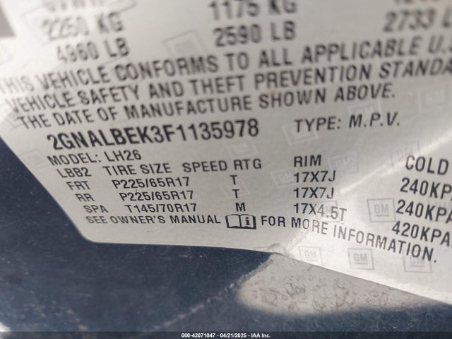 Chevrolet EQUINOX 1LT 2015 2GNALBEK3F1135978 Image 9