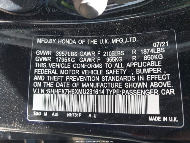 SHHFK7H6XMU231614 Honda CIVIC EX