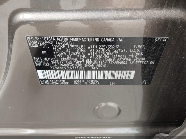 2T3WFREV3EW117382 Toyota 2ar-fe