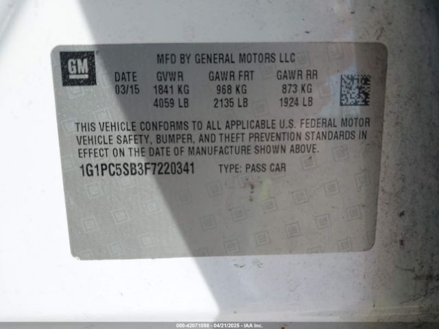 1G1PC5SB3F7220341 Chevrolet Cruze 1lt Auto