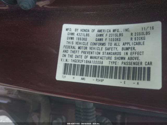 1HGCR2F16HA100058 Honda Accord Sport Se