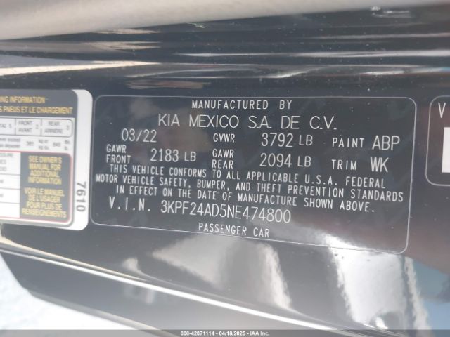 3KPF24AD5NE474800 KIA Forte Lxs