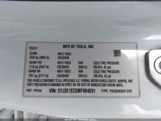 2021 TESLA MODEL 3 5YJ3E1EC5MF984891 Photo 8