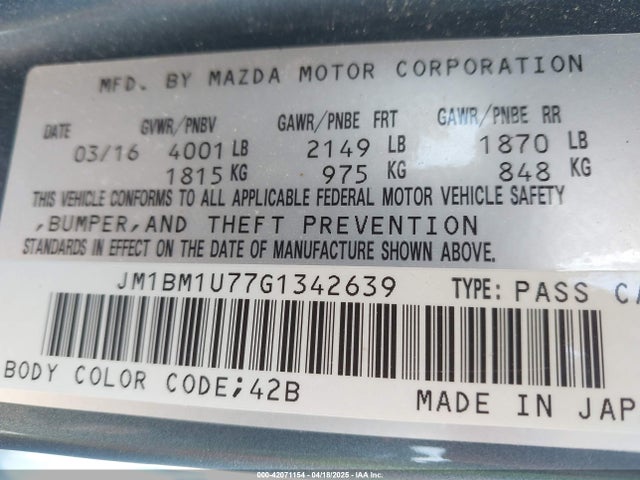 JM1BM1U77G1342639 Mazda Mazda3 I Sport