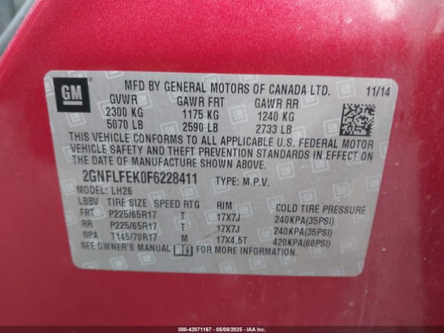 2GNFLFEK0F6228411 Chevrolet EQUINOX 1LT
