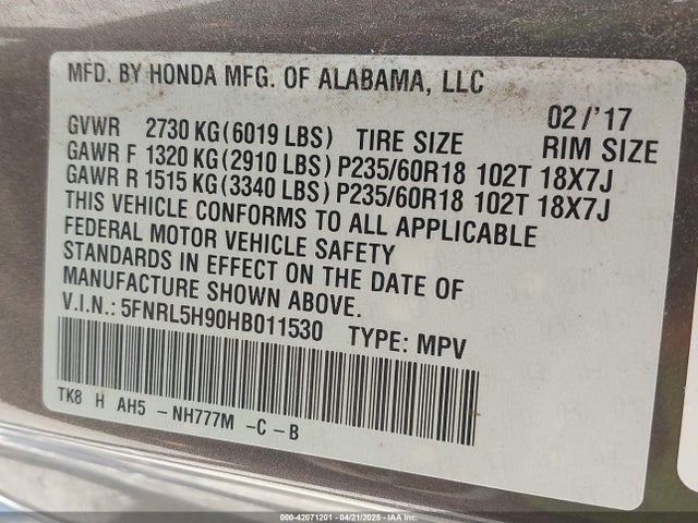 5FNRL5H90HB011530 Honda j35z8
