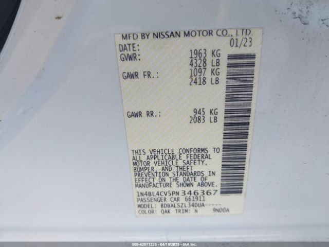 1N4BL4CV5PN346367 Nissan Altima Sr Fwd