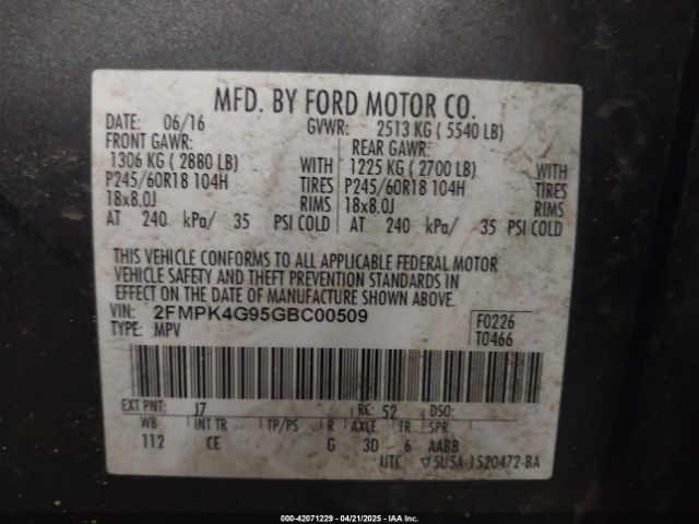 2FMPK4G95GBC00509 Ford EDGE SE