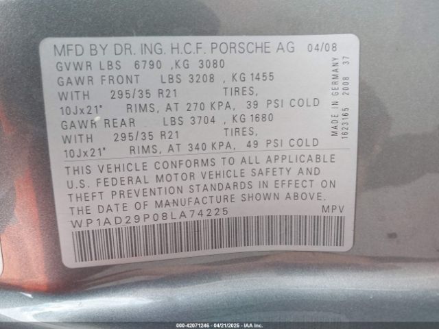 2008 PORSCHE CAYENNE WP1AD29P08LA74225 Photo 8