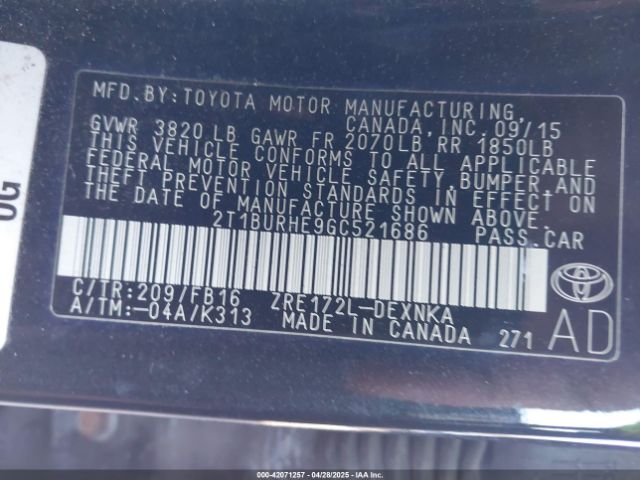 2T1BURHE9GC521686 Toyota COROLLA LE