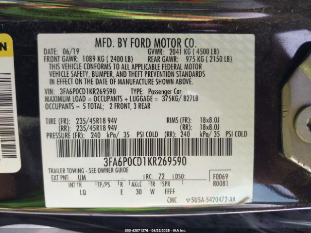 3FA6P0CD1KR269590 Ford FUSION SEL