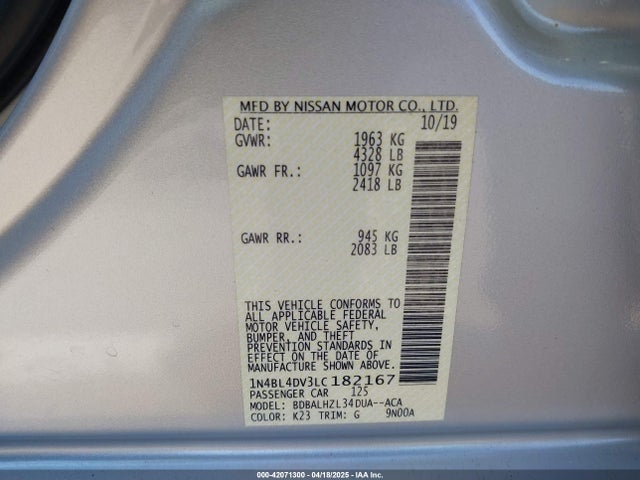 1N4BL4DV3LC182167 Nissan Altima Sv Fwd