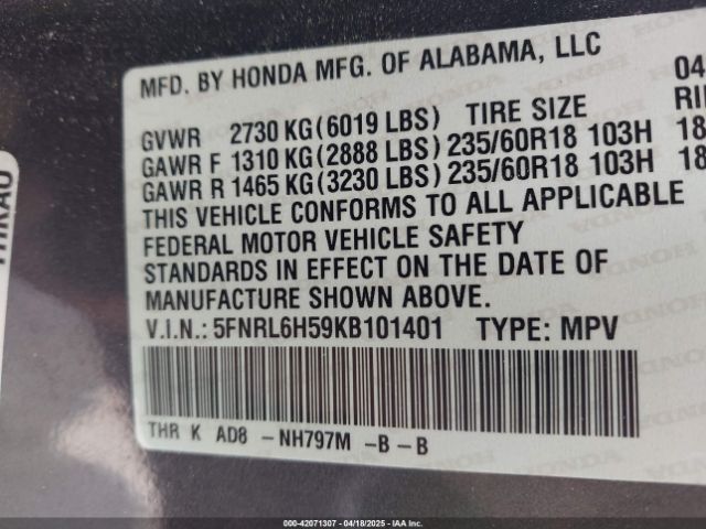 5FNRL6H59KB101401 Honda ODYSSEY EX