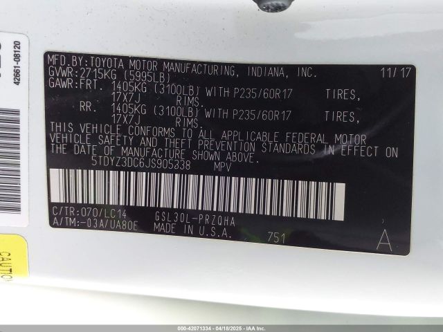 5TDYZ3DC6JS905338 Toyota Sienna Xle Premium 8 Passenger