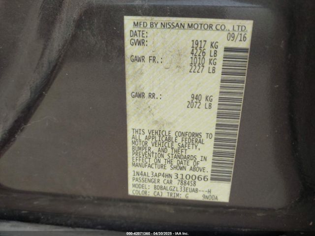 1N4AL3AP4HN310066 Nissan Altima 2.5 S