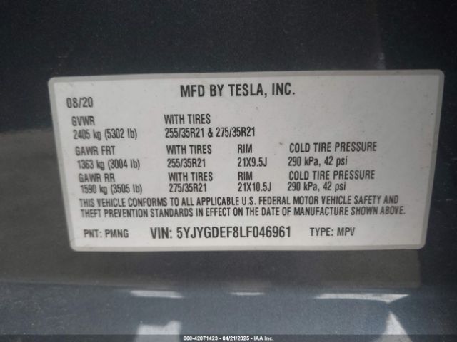 2020 TESLA MODEL Y 5YJYGDEF8LF046961 Photo 8