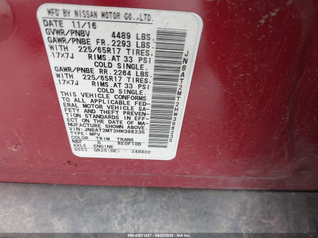JN8AT2MT2HW386235 Nissan ROGUE SV