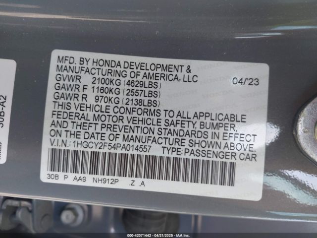 1HGCY2F54PA014557 Honda Accord Hybrid Sport