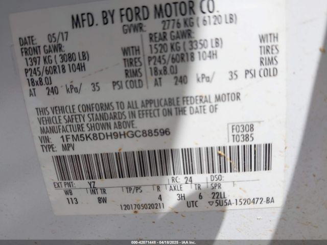 1FM5K8DH9HGC88596 Ford EXPLORER XLT