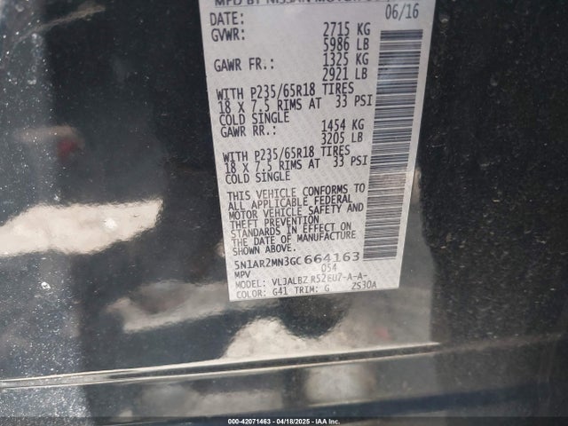 5N1AR2MN3GC664163 Nissan Pathfinder S