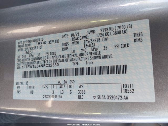 1FTFW1E84NFC32330 Ford F-150 Lariat