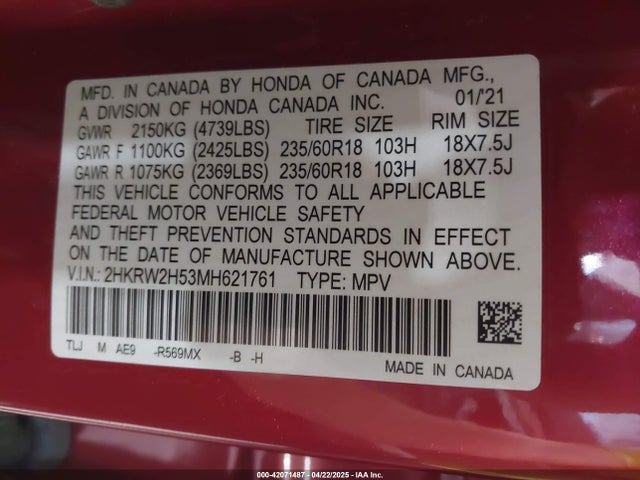 2HKRW2H53MH621761 Honda Cr-v Awd Ex