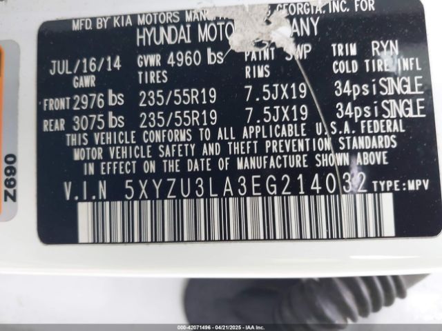 5XYZU3LA3EG214032 Hyundai Santa Fe Sport 2.0l Turbo