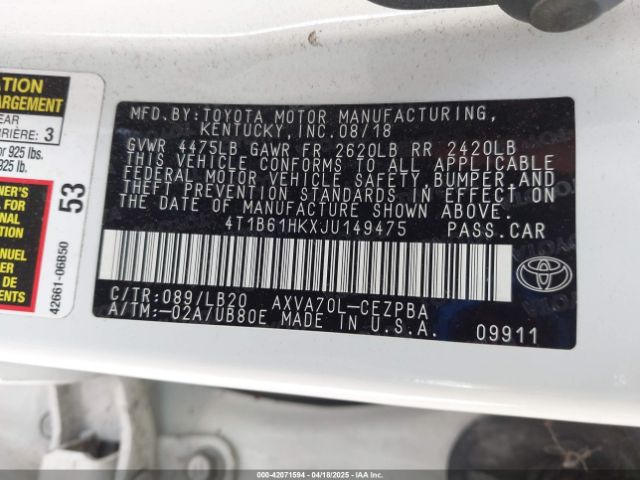 4T1B61HKXJU149475 Toyota CAMRY XSE
