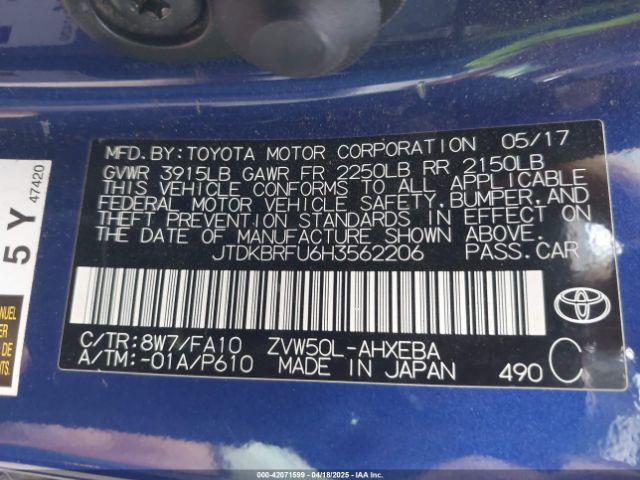 2017 TOYOTA PRIUS JTDKBRFU6H3562206 Photo 8