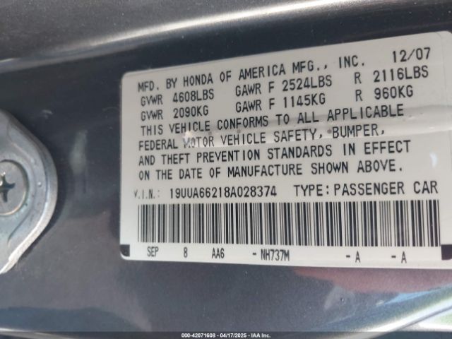 2008 ACURA TL 19UUA66218A028374 Photo 8