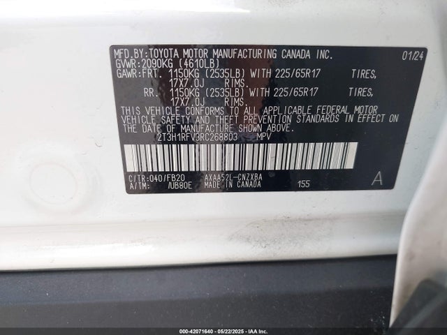 2T3H1RFV3RC268803 Toyota RAV4 LE