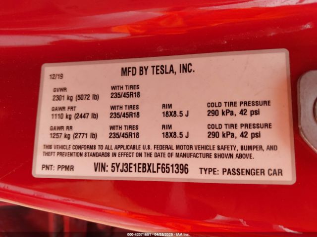5YJ3E1EBXLF651396 Tesla Model 3 Long Range Dual Motor All-wheel Drive