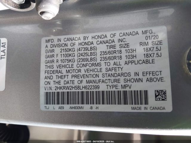 2HKRW2H58LH622399 Honda Cr-v Awd Ex